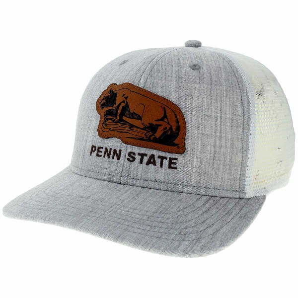 heather gray trucker hat with Nittany Lion Shrine engraved leather patch above embroidered Penn State